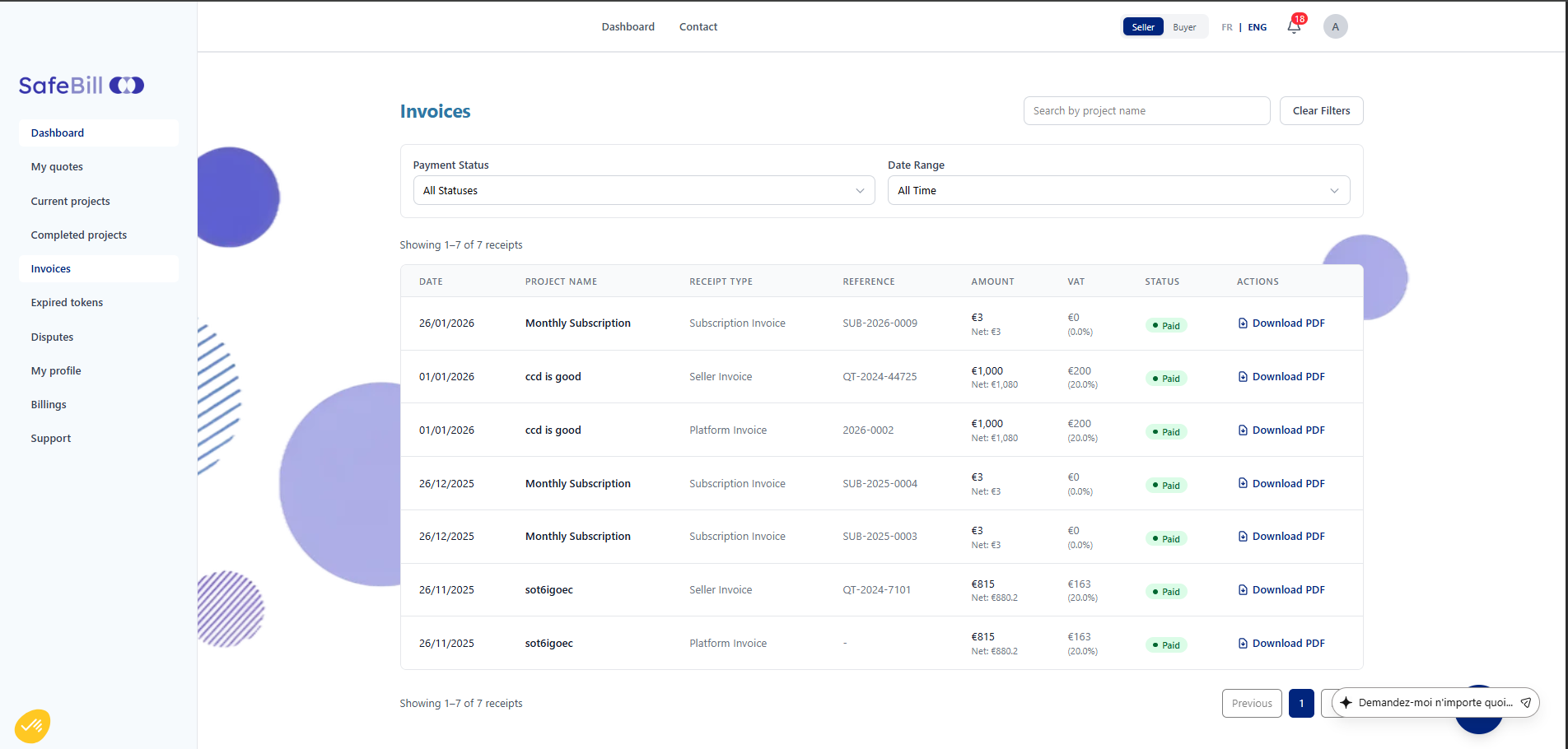 Safe-Bill buyer and seller dual dashboard view